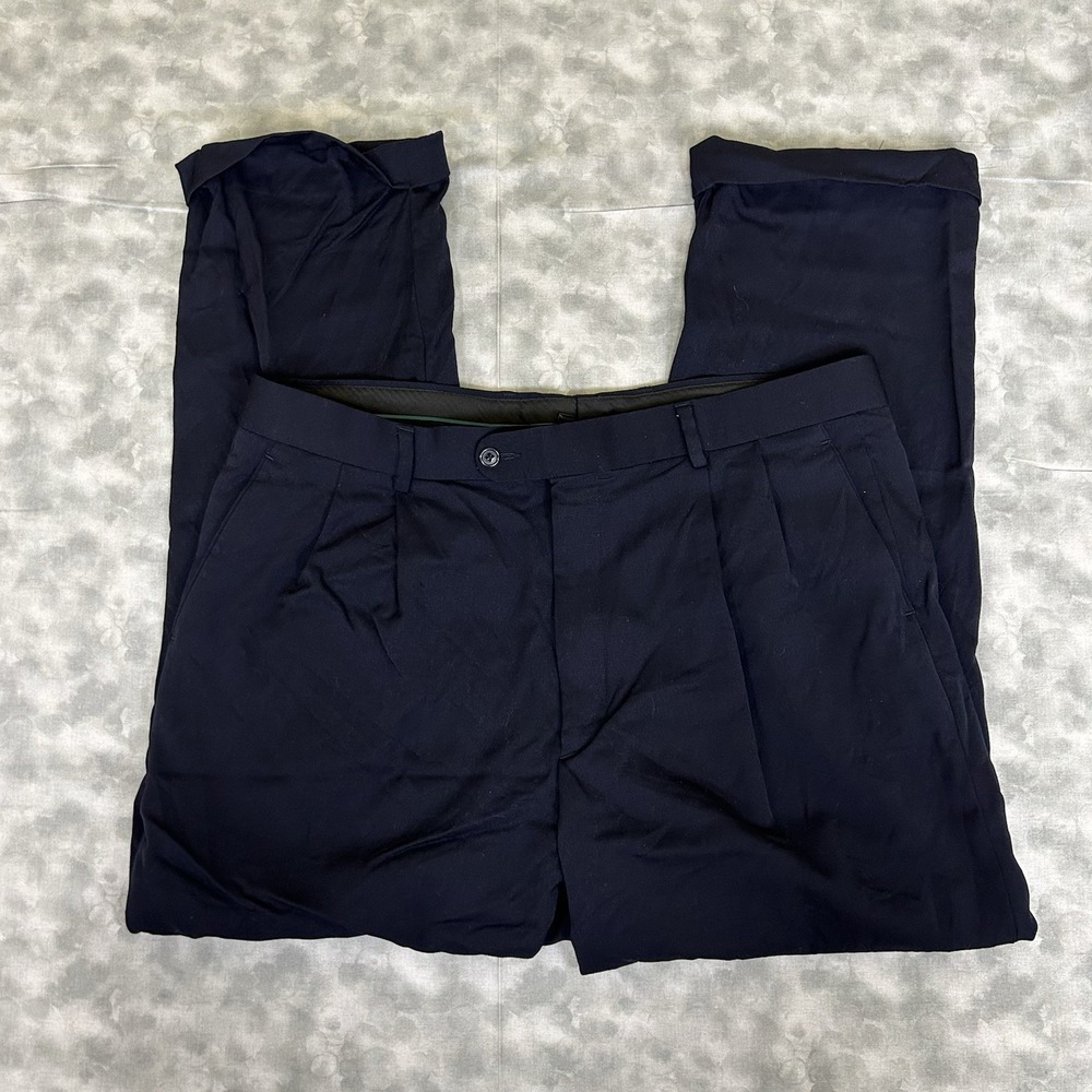 vtg 90s Greg Peters 38x28 Navy Blue Dress Suit‎ Pants 100% Wool Pleated Cuffed